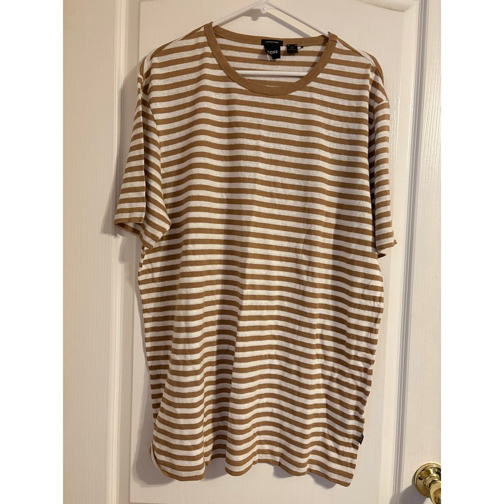 Boss Mens XXL Striped T-Shirt Tan White Cotton Linen Blend Made in Portugal
